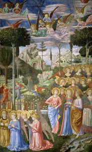 Engelen in een hemels landschap, de rechterwand van de apsis, uit de cyclus van de Reis van de Wijzen in de kapel, c.1460 door Benozzo di Lese di Sandro Gozzoli